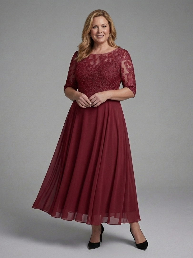Women's Lace Bodice Midi Dress with Three-Quarter Sleeves