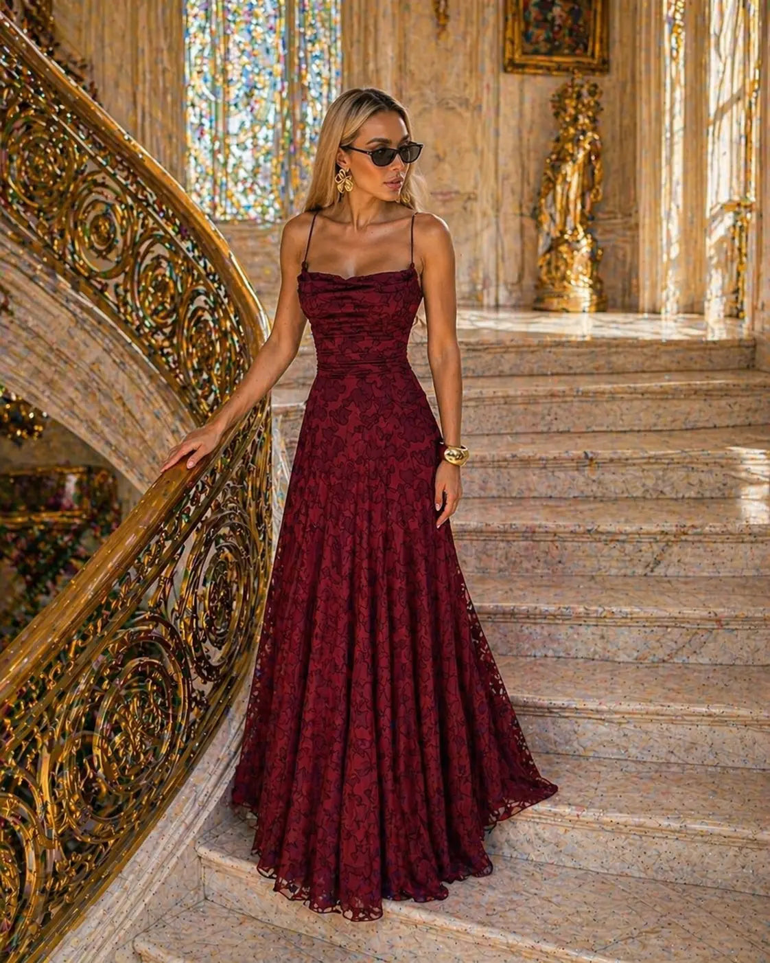 Women's Lace Long Maxi Dress with Thin Straps