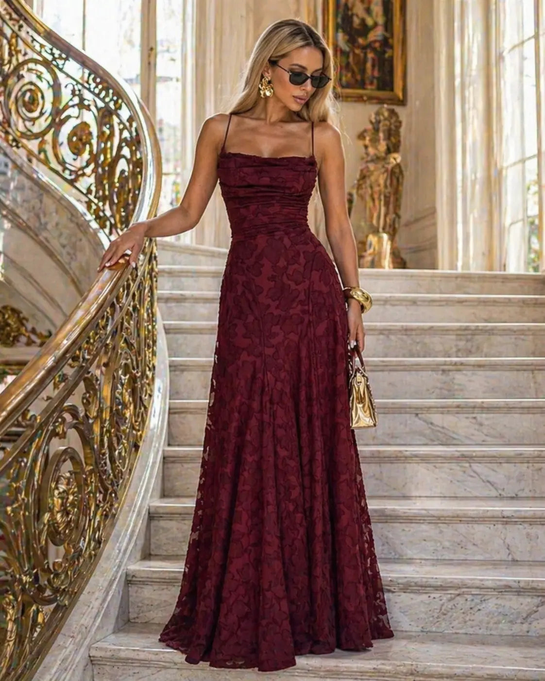 Women's Lace Long Maxi Dress with Thin Straps