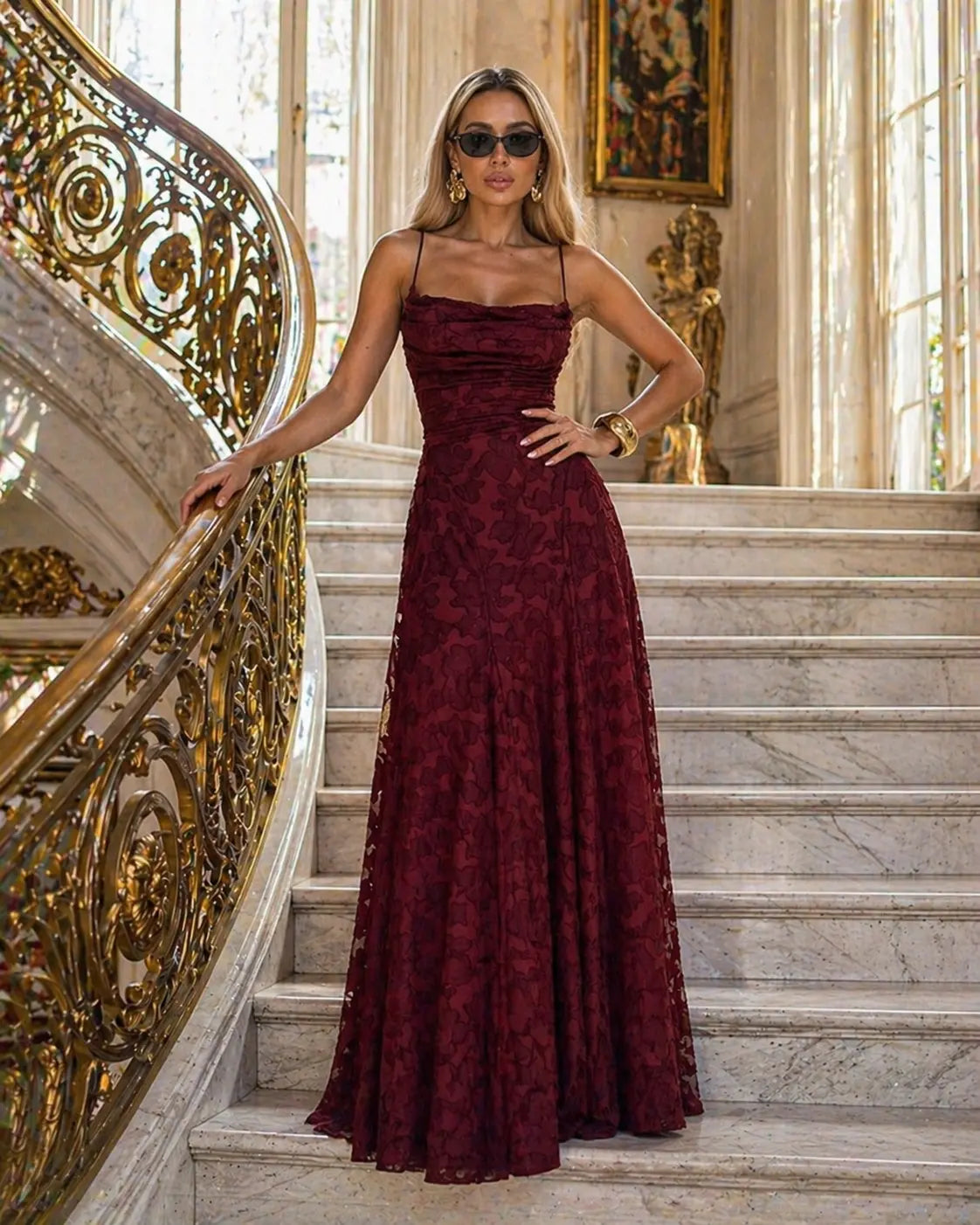 Women's Lace Long Maxi Dress with Thin Straps