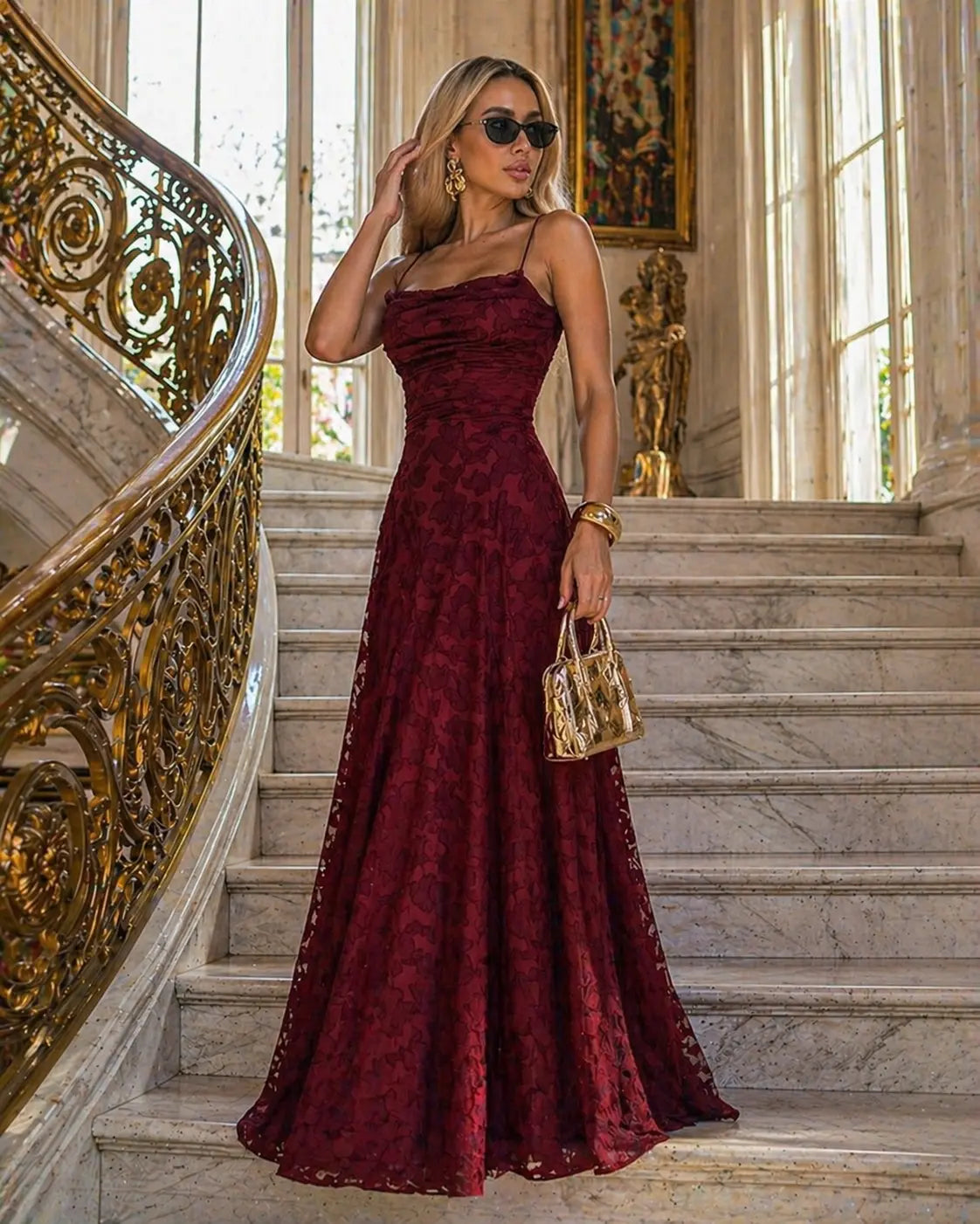 Women's Lace Long Maxi Dress with Thin Straps