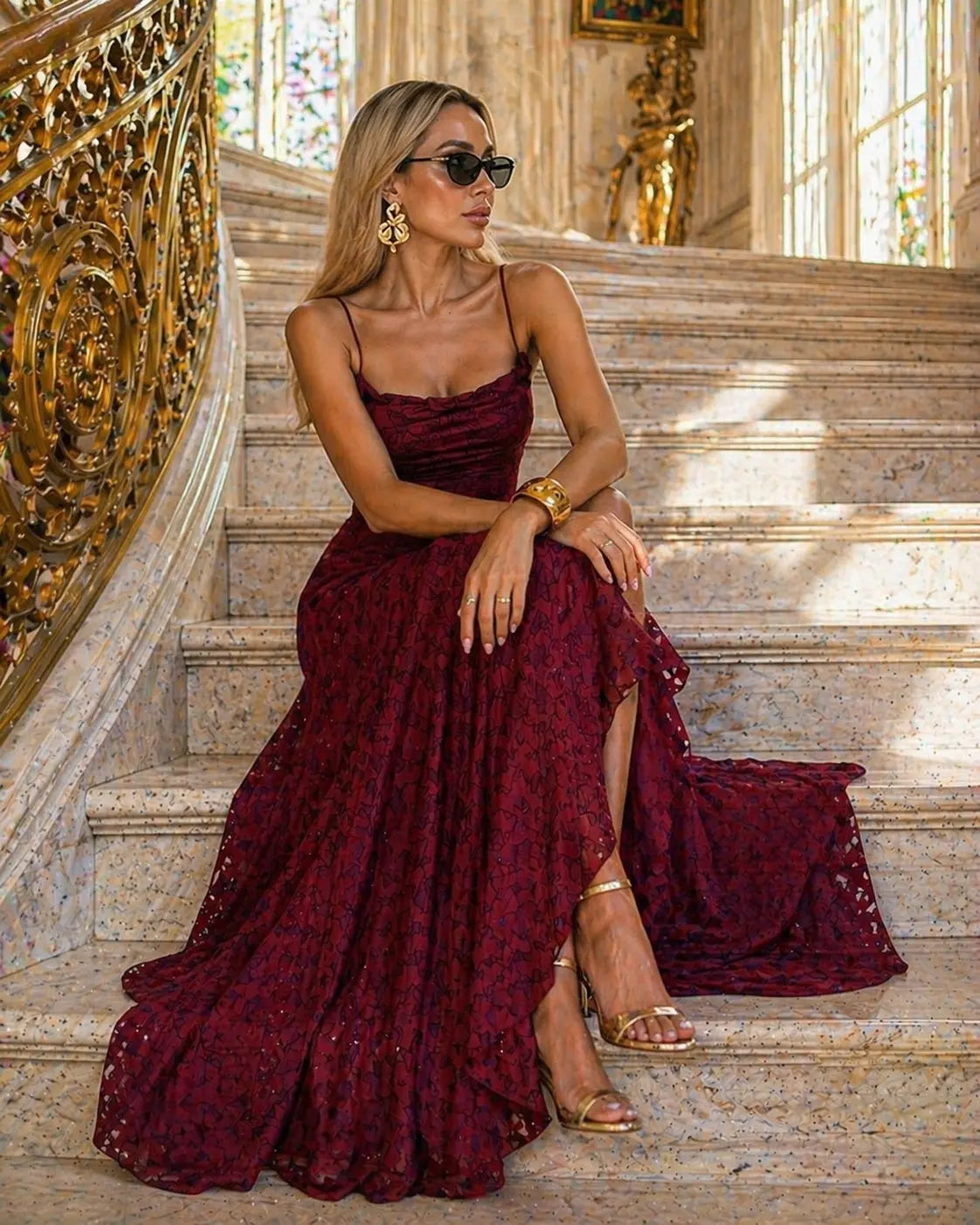 Women's Lace Long Maxi Dress with Thin Straps