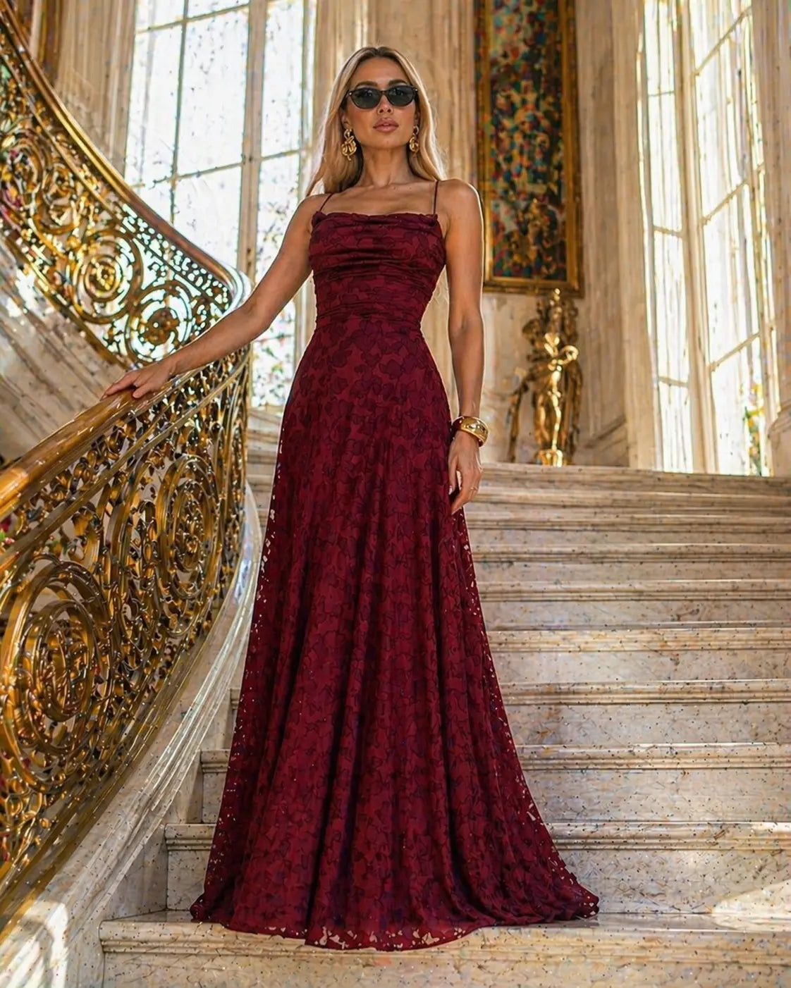 Women's Lace Long Maxi Dress with Thin Straps