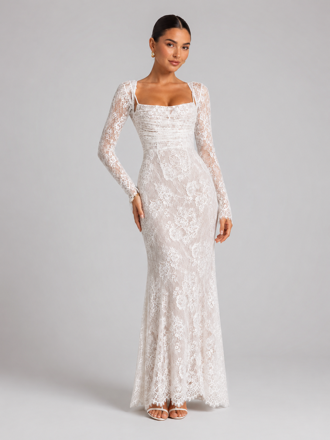 Women's Lace Maxi Dress with Structured Corset Bodice