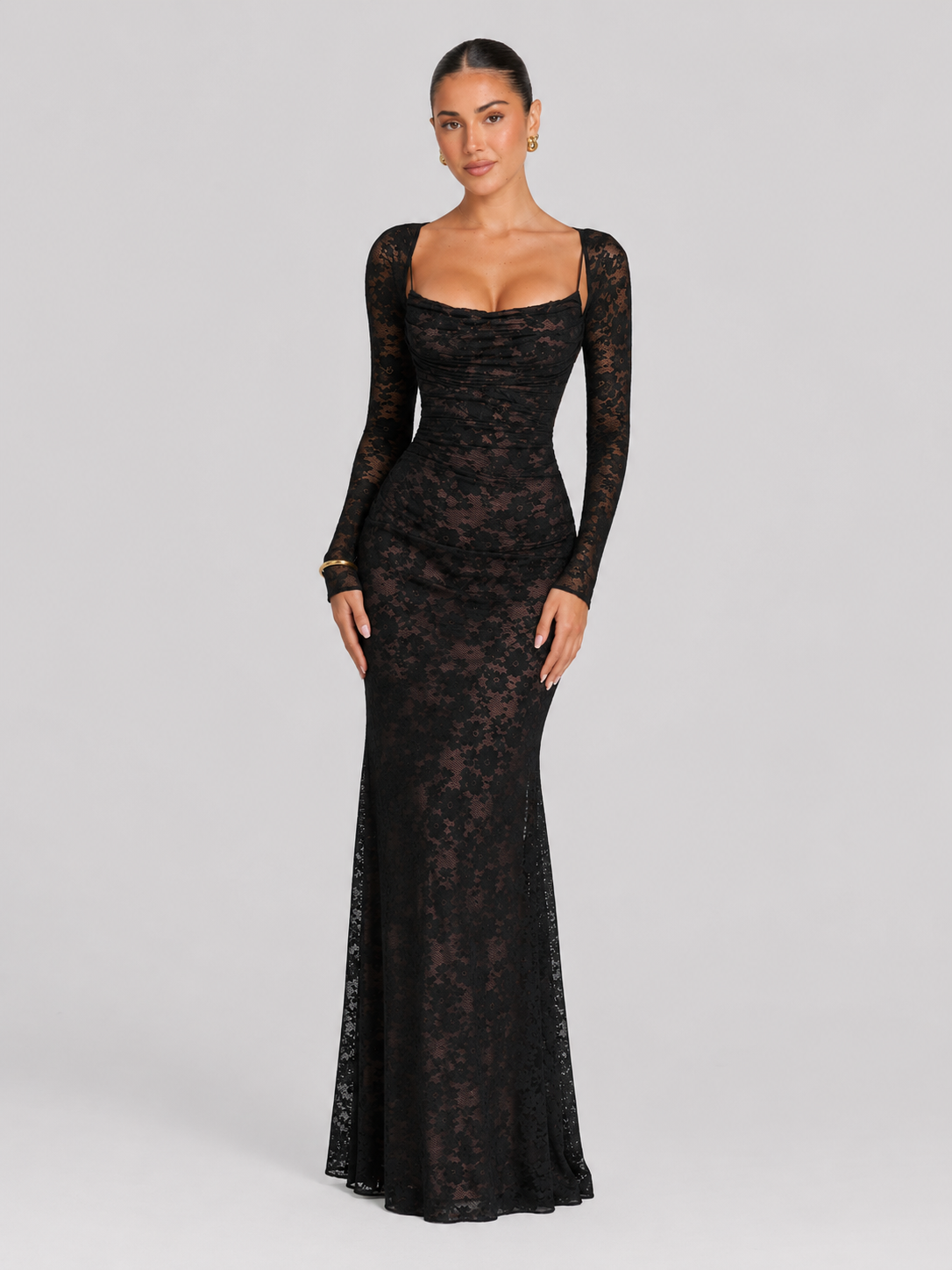 Women's Lace Maxi Dress with Structured Corset Bodice