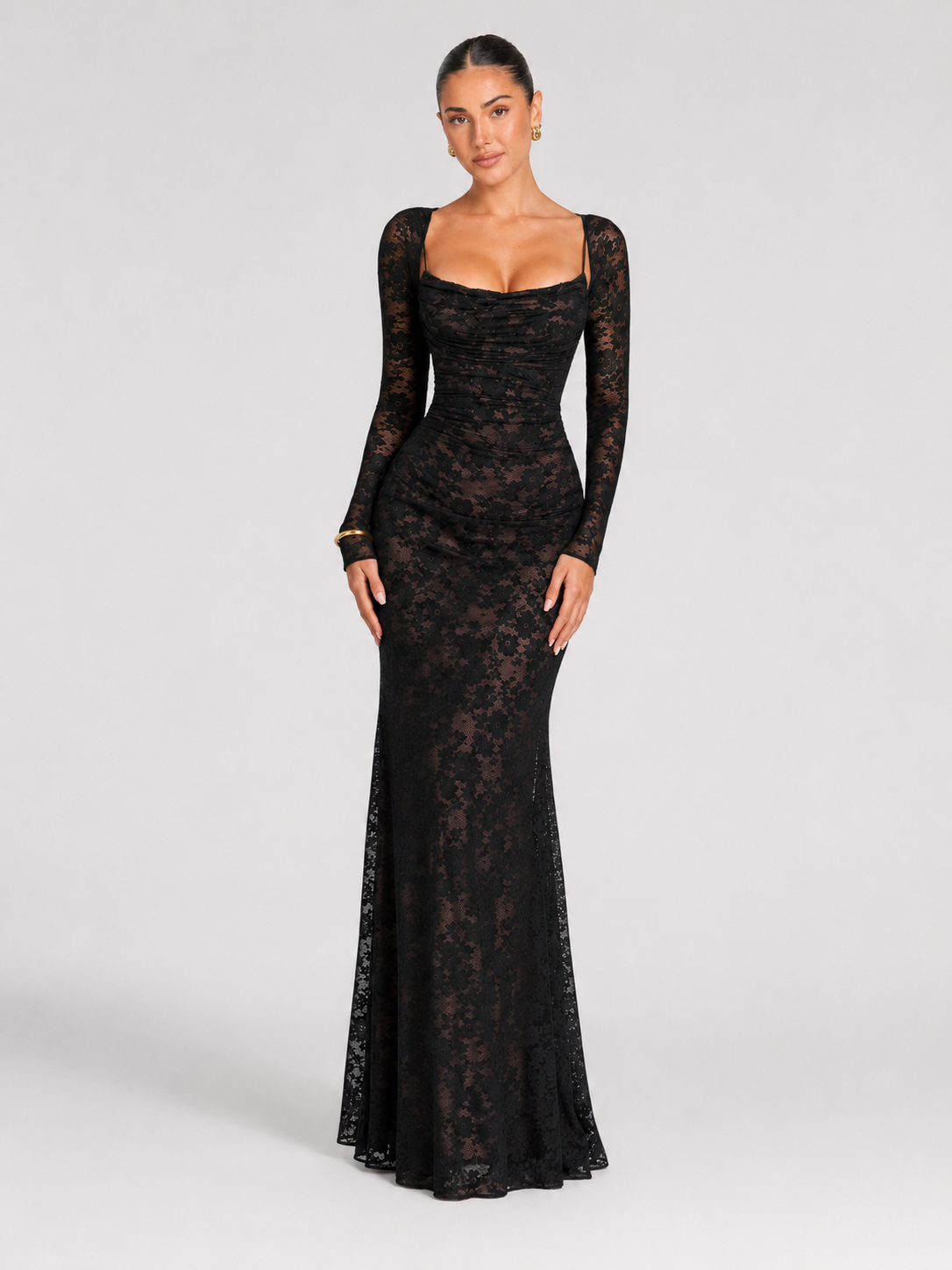 Women's Lace Maxi Dress with Structured Corset Bodice