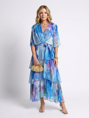 Women's Layered V-Neck Maxi Dress with Adjustable Waist