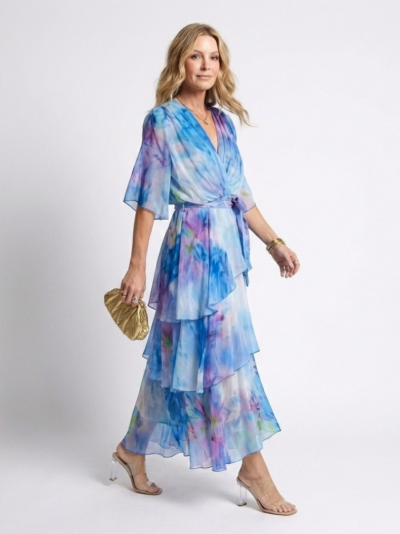 Women's Layered V-Neck Maxi Dress with Adjustable Waist