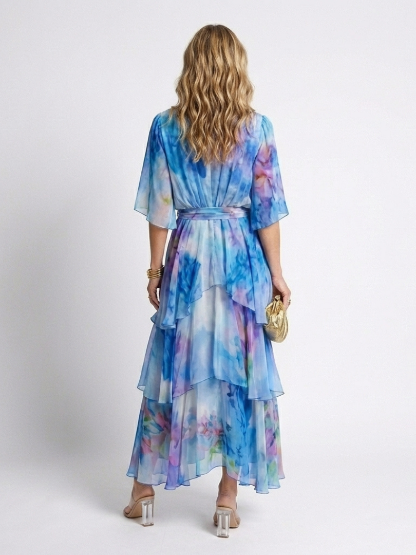 Women's Layered V-Neck Maxi Dress with Adjustable Waist