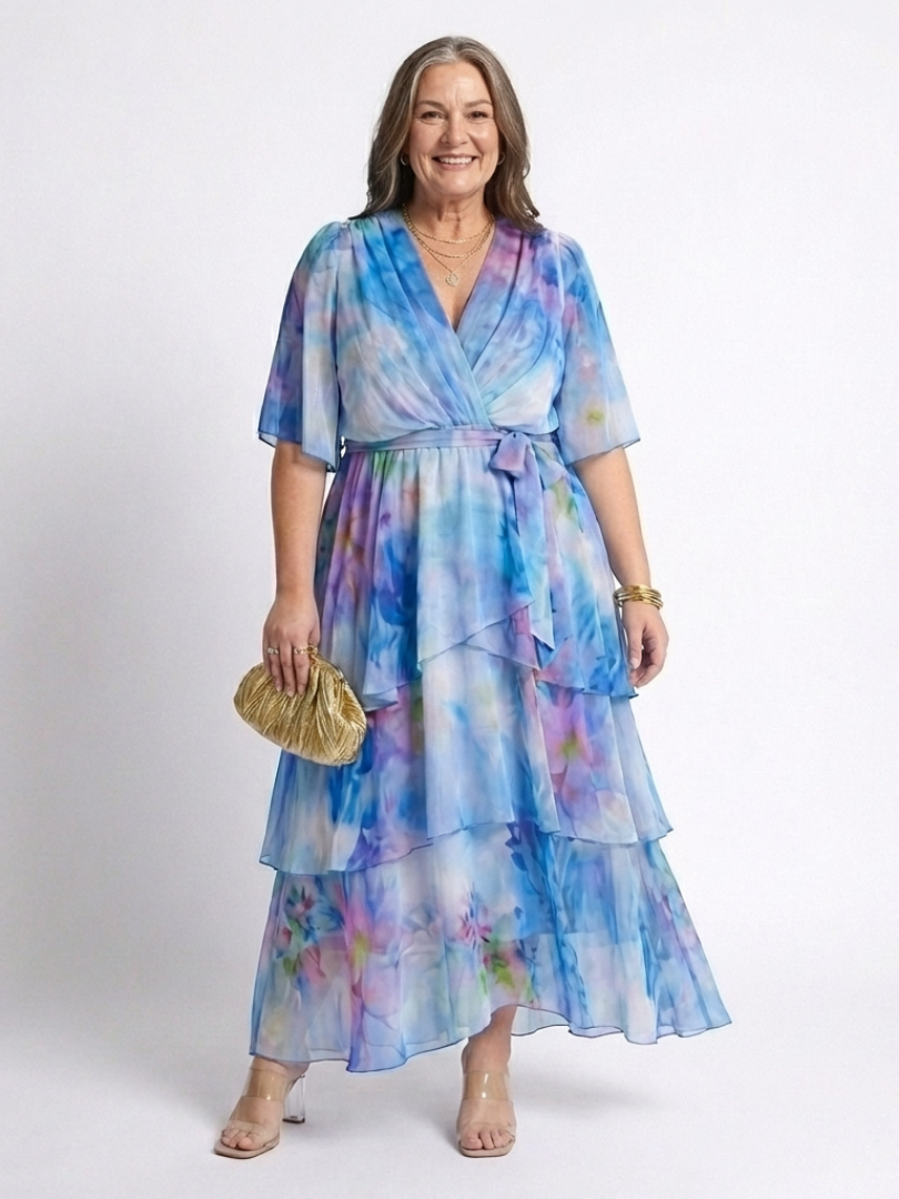 Women's Layered V-Neck Maxi Dress with Adjustable Waist