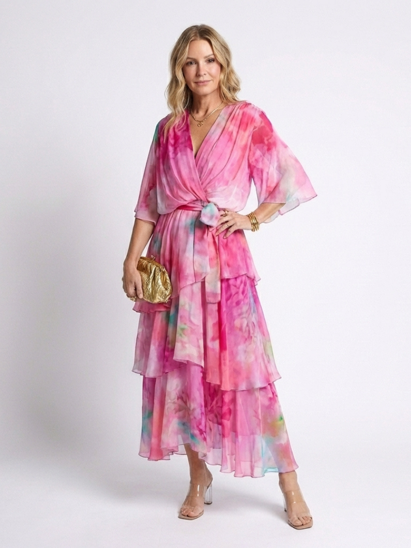 Women's Layered V-Neck Maxi Dress with Adjustable Waist