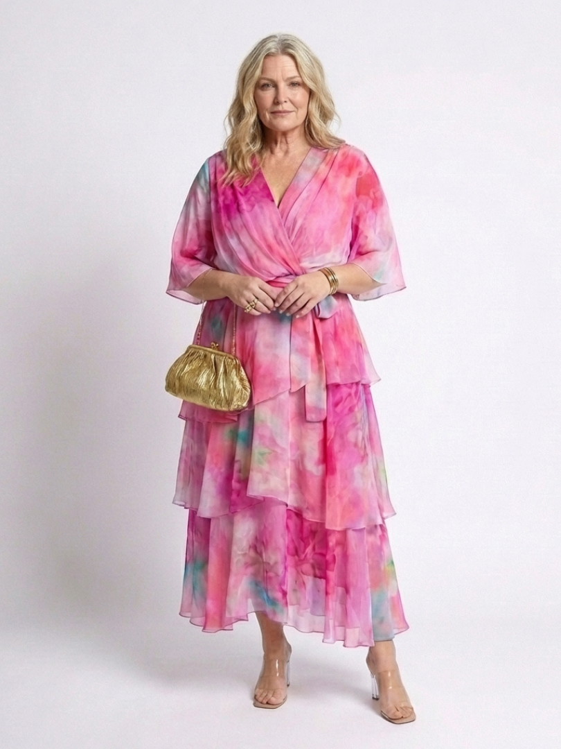 Women's Layered V-Neck Maxi Dress with Adjustable Waist