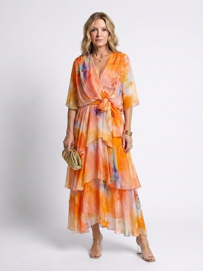 Women's Layered V-Neck Maxi Dress with Adjustable Waist