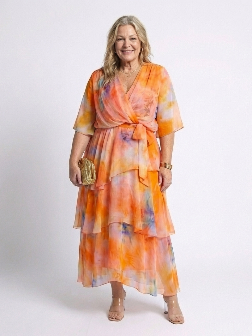 Women's Layered V-Neck Maxi Dress with Adjustable Waist