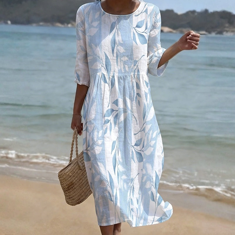 Women's Leaf Print Short Sleeve Midi Dress