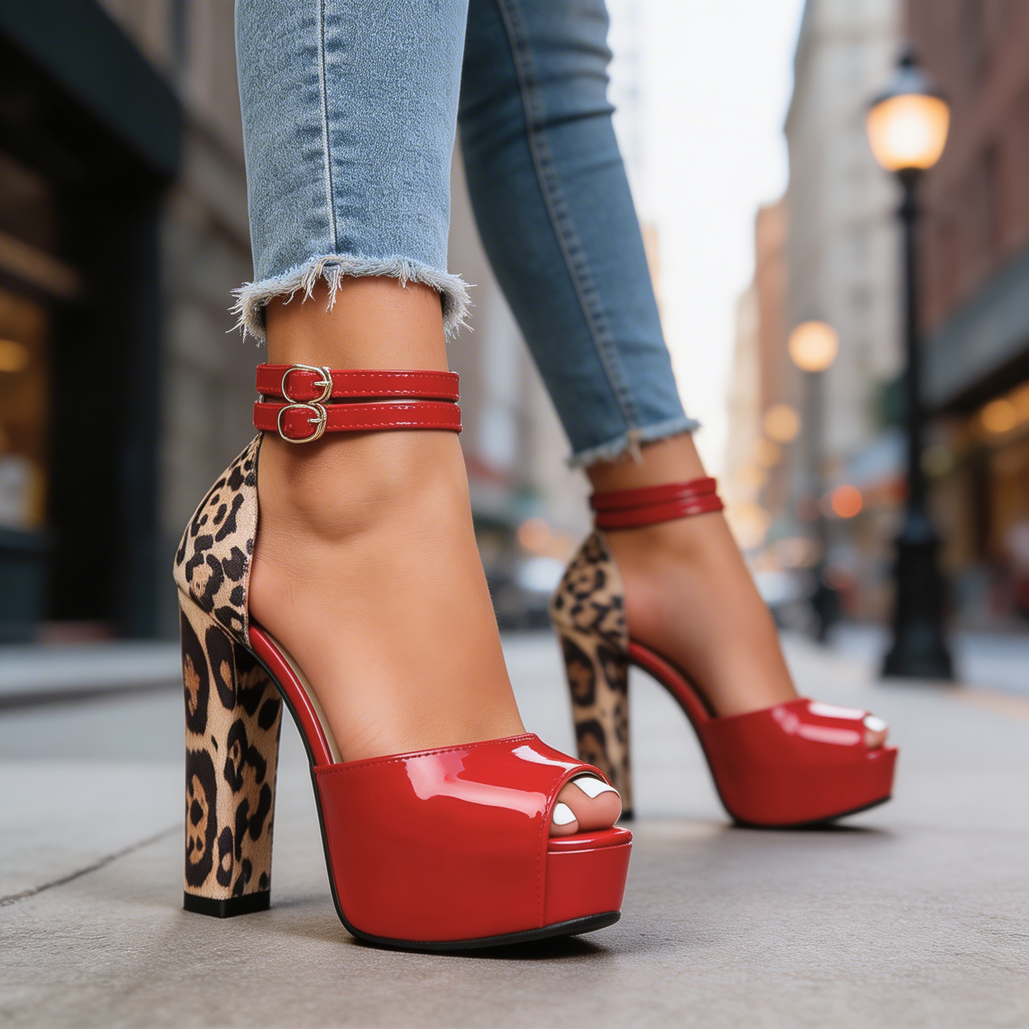 Women's Leopard Heel Platform Sandals with Ankle Strap