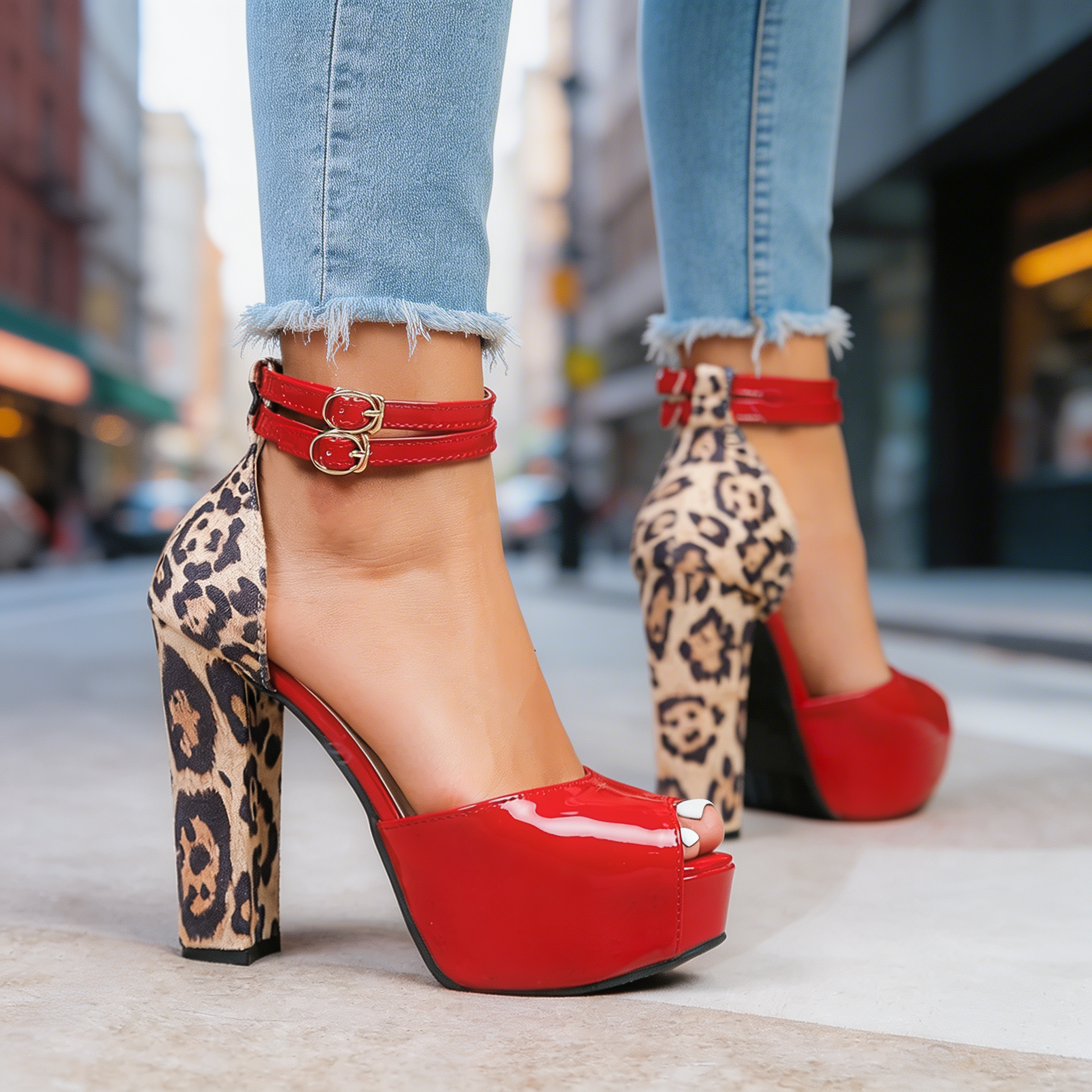 Women's Leopard Heel Platform Sandals with Ankle Strap