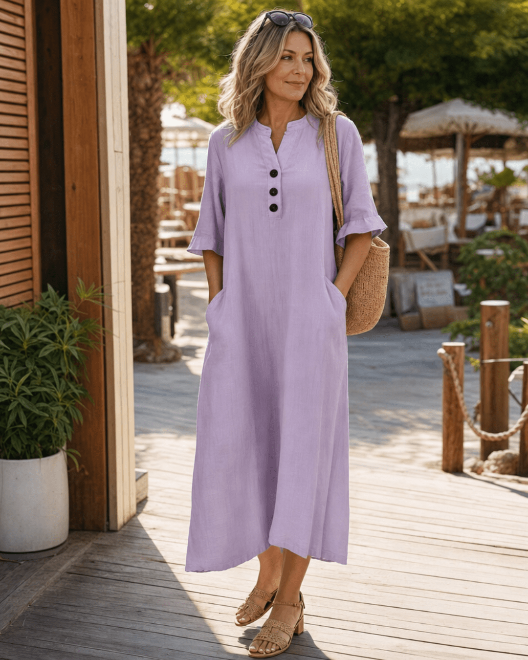 Women's Lightweight Midi Dress with Button Detail