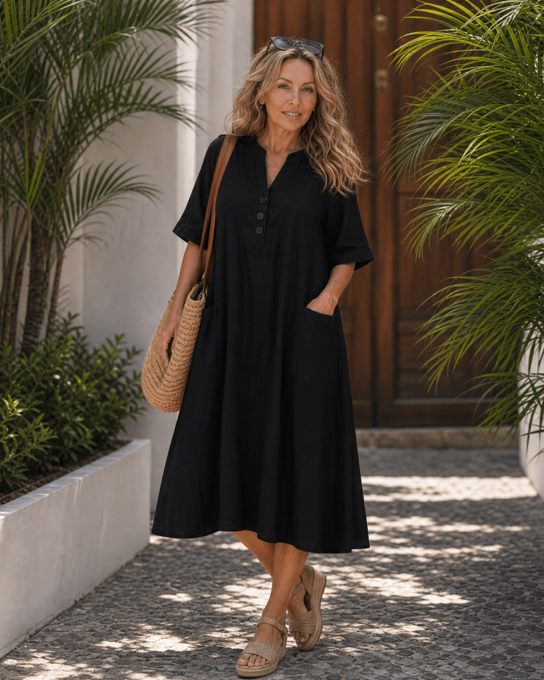 Women's Lightweight Midi Dress with Button Detail