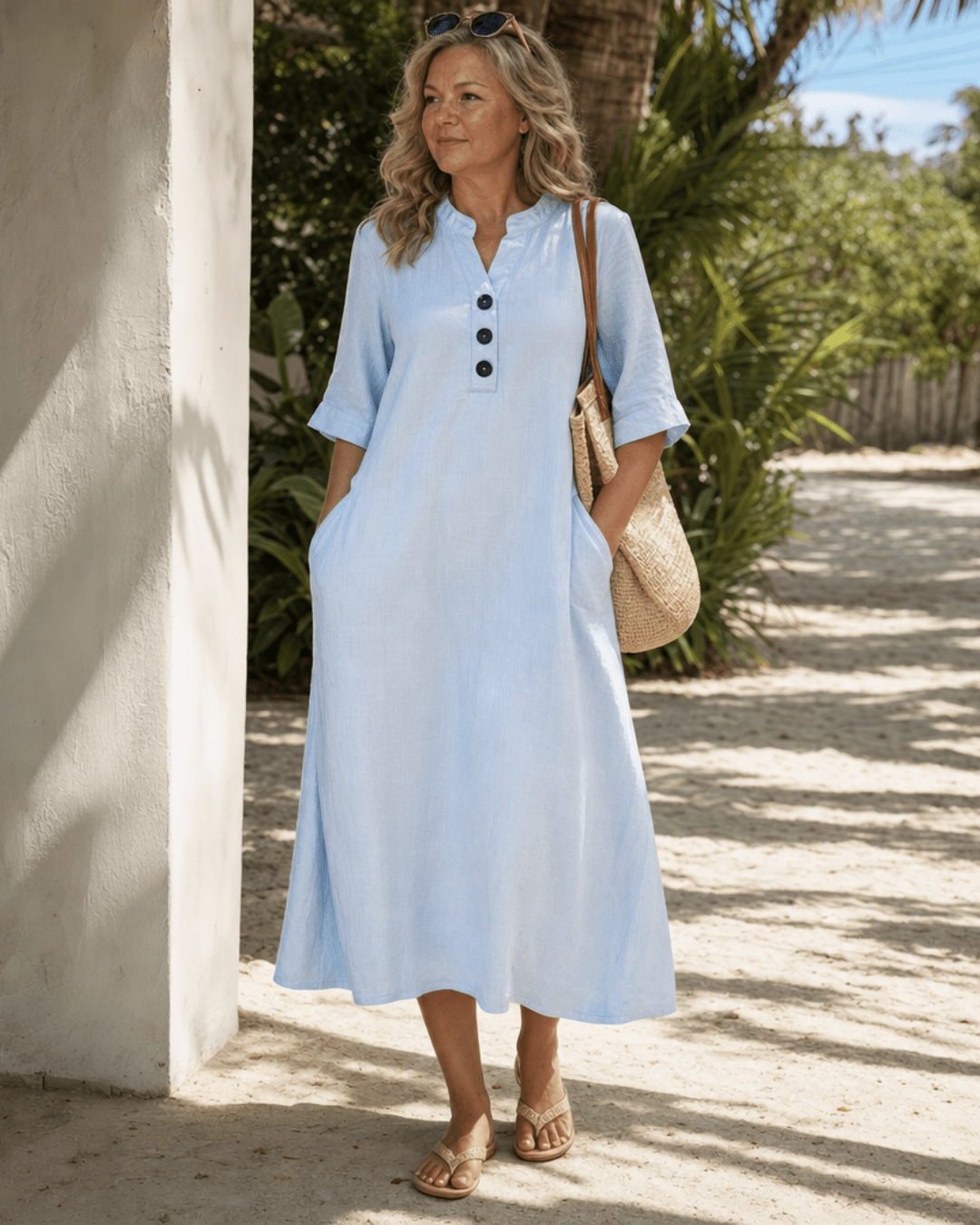 Women's Lightweight Midi Dress with Button Detail