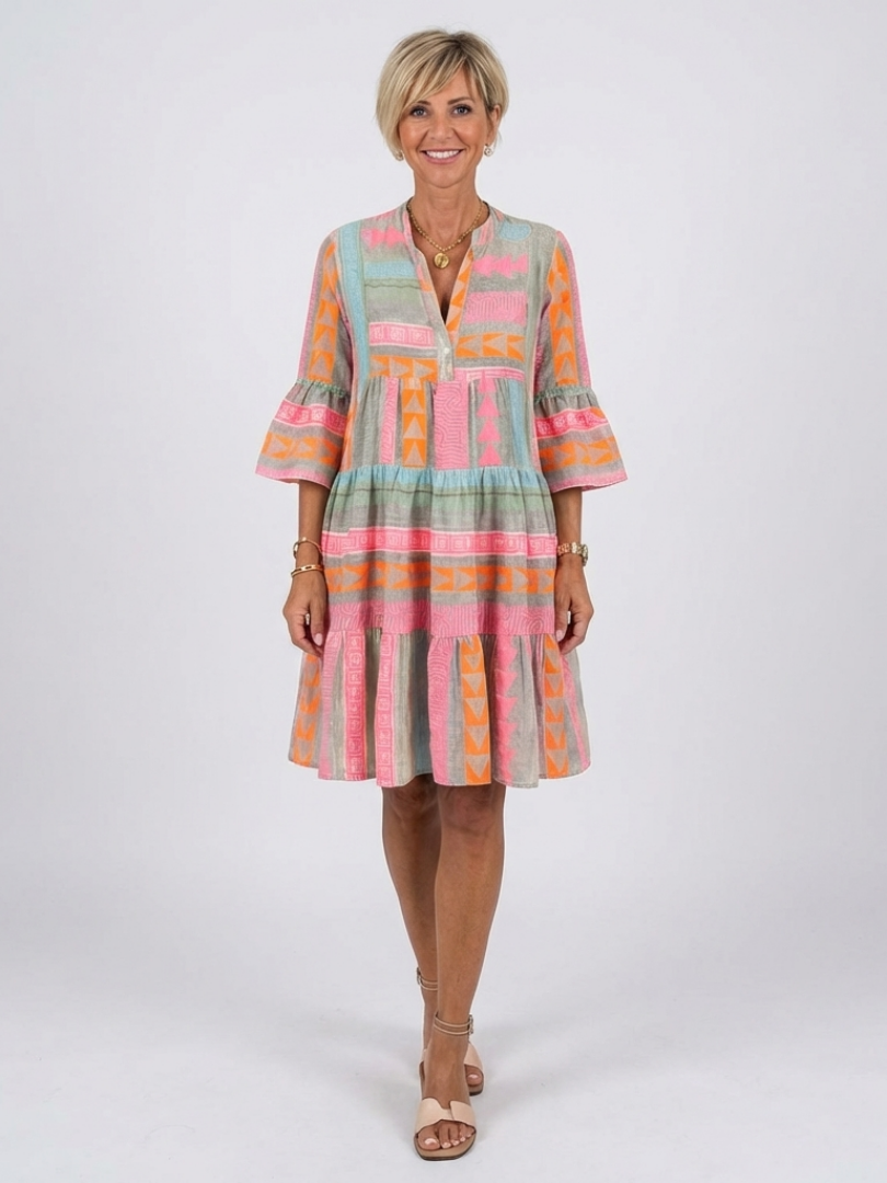Women's Lightweight Ruffled Skirt Midi Dress with V-Neck