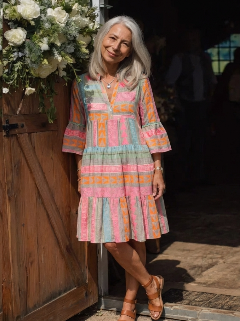 Women's Lightweight Ruffled Skirt Midi Dress with V-Neck