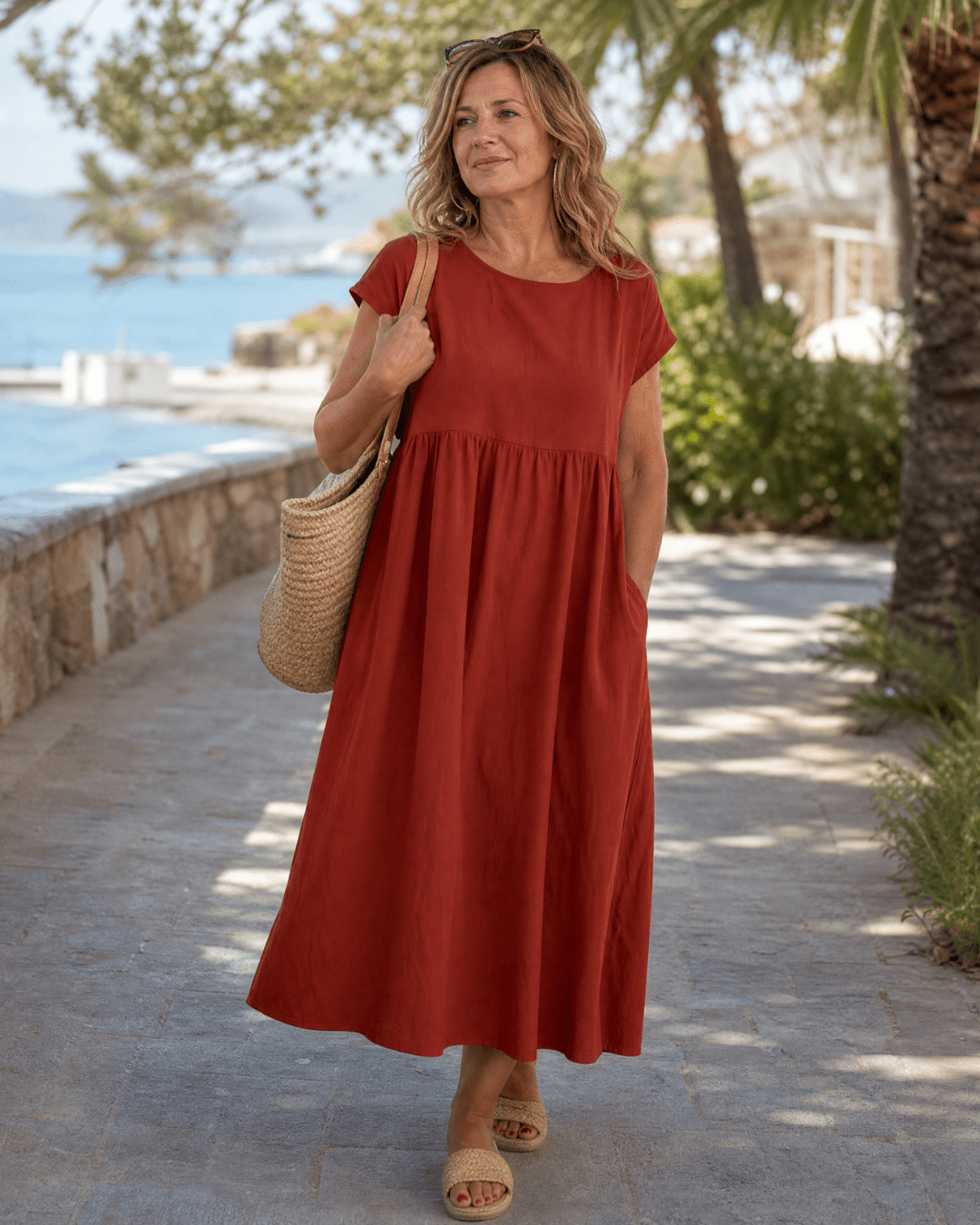 Women's Lightweight Short Sleeve Midi Dress with Pockets