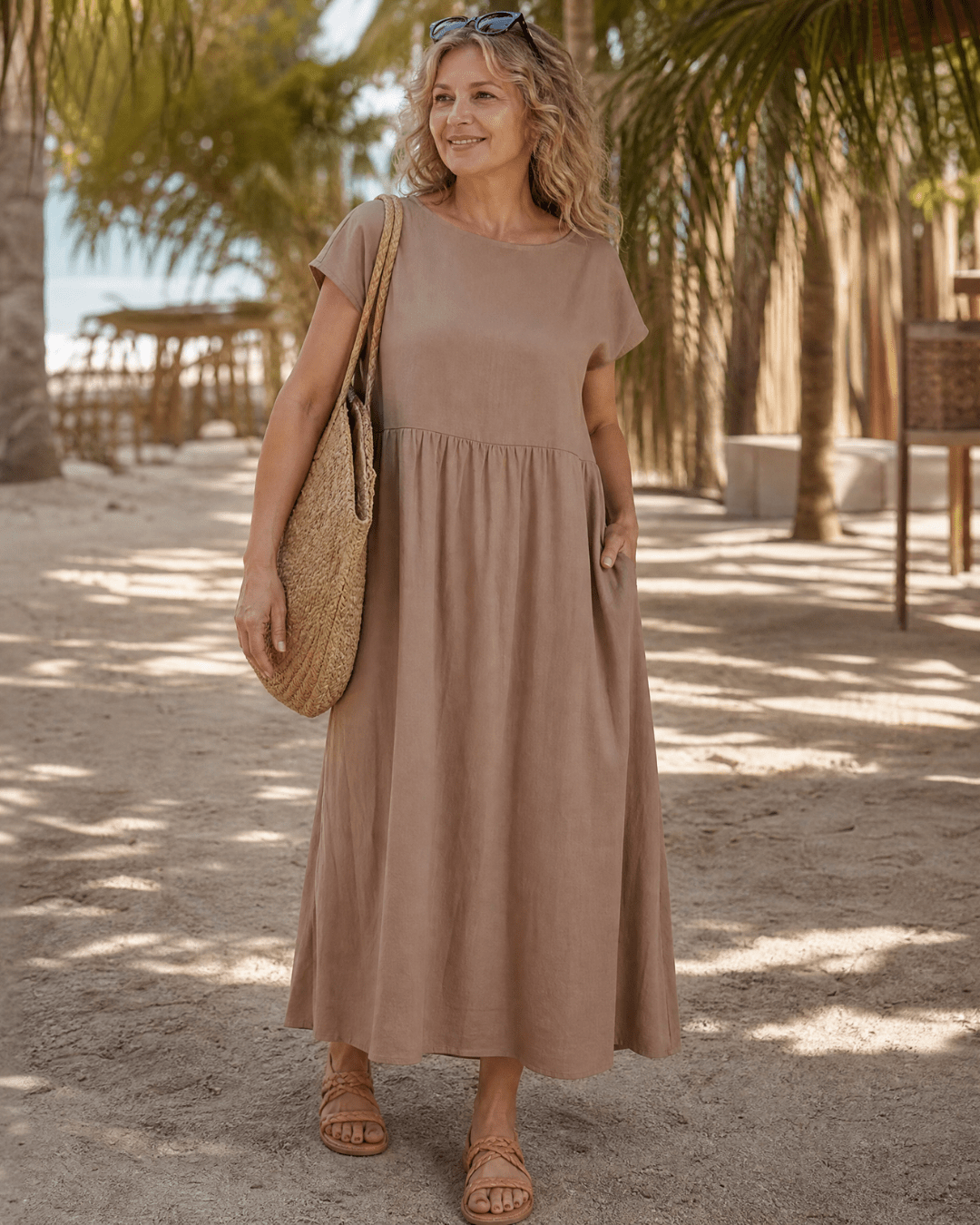 Women's Lightweight Short Sleeve Midi Dress with Pockets