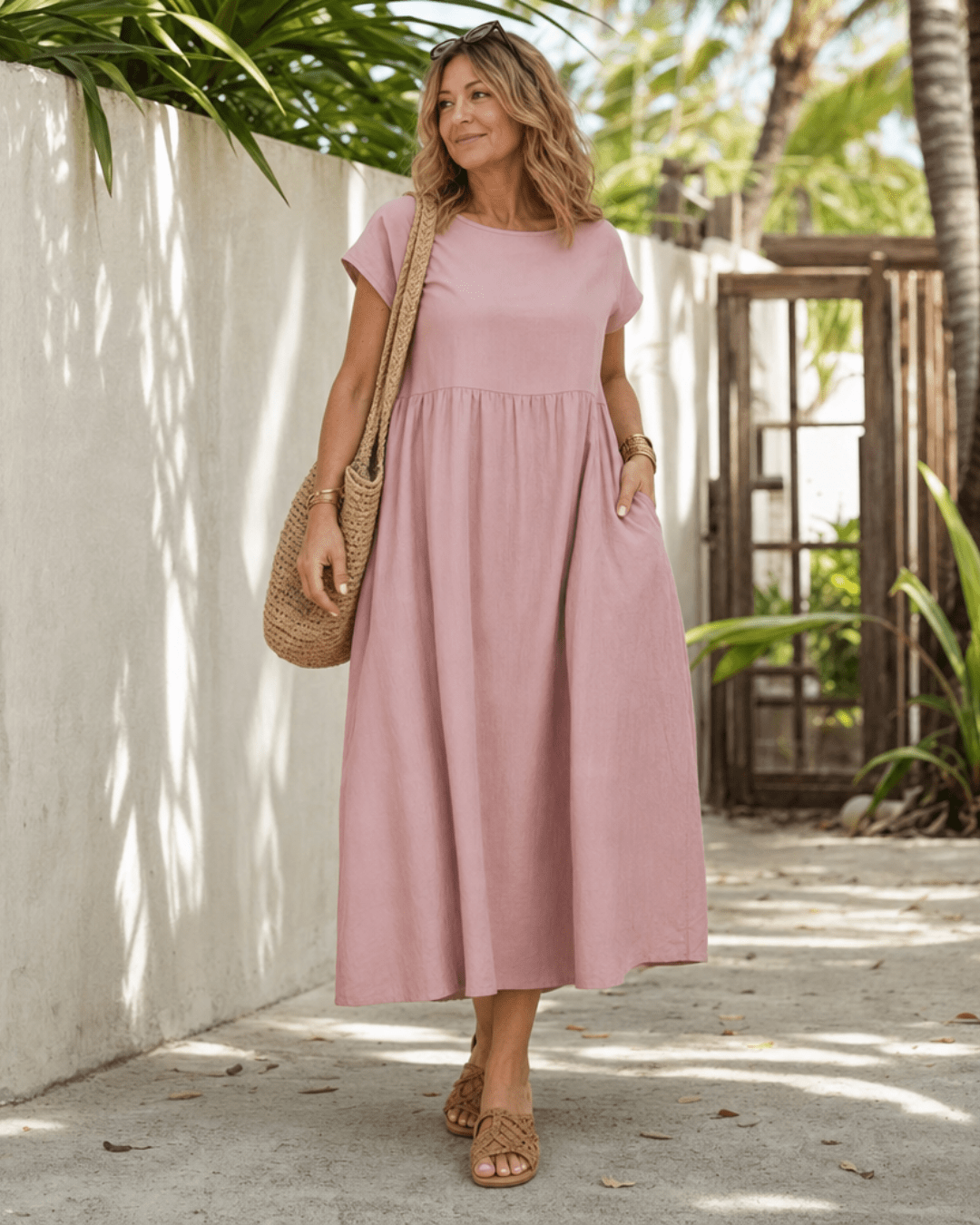 Women's Lightweight Short Sleeve Midi Dress with Pockets