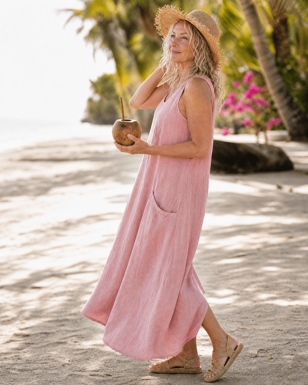 Women's Lightweight Sleeveless Midi Dress with Oversized Pockets
