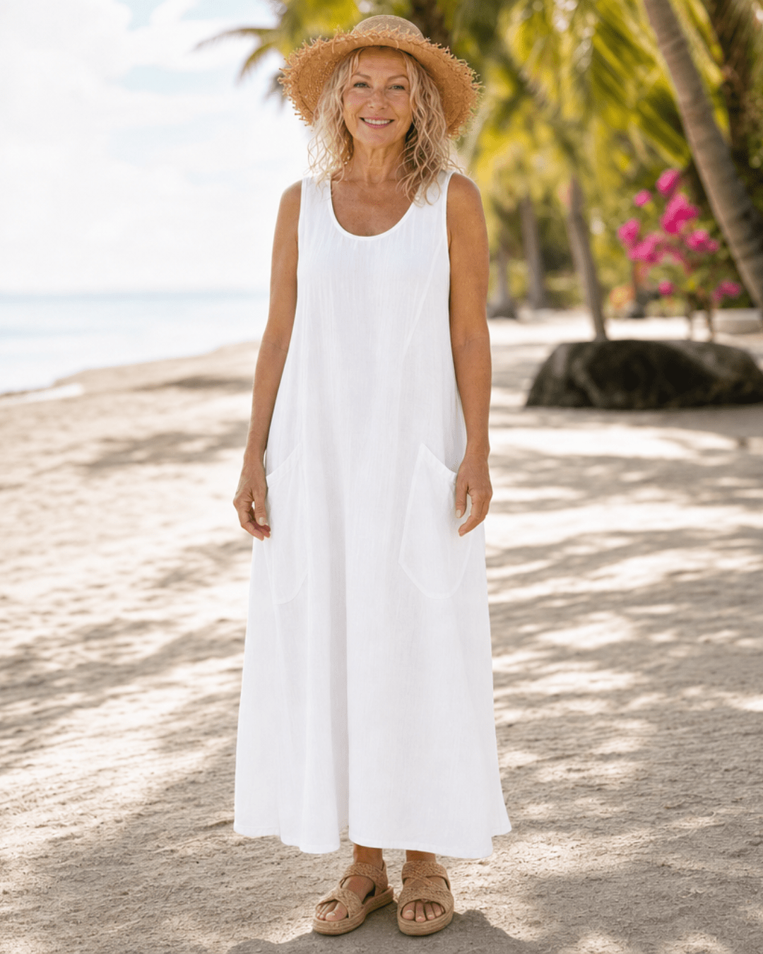 Women's Lightweight Sleeveless Midi Dress with Oversized Pockets
