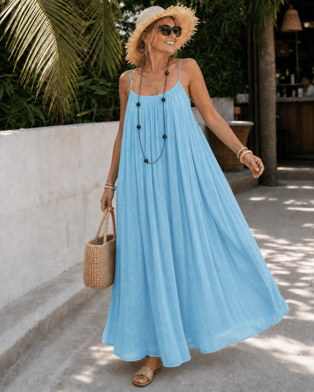Women's Lightweight Sleeveless Midi Dress with Pleated Neckline
