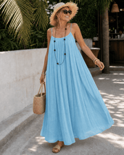 Women's Lightweight Sleeveless Midi Dress with Pleated Neckline