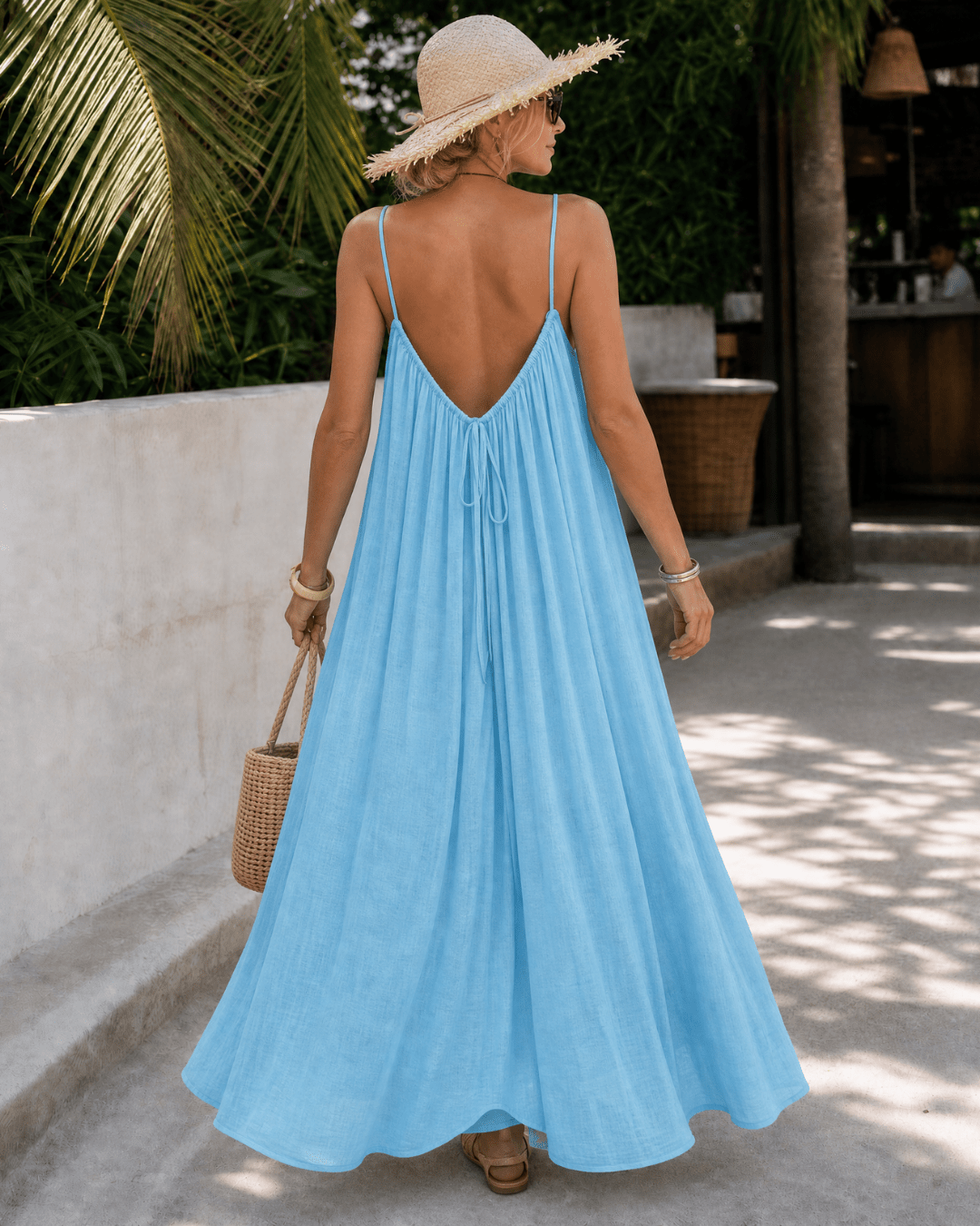 Women's Lightweight Sleeveless Midi Dress with Pleated Neckline
