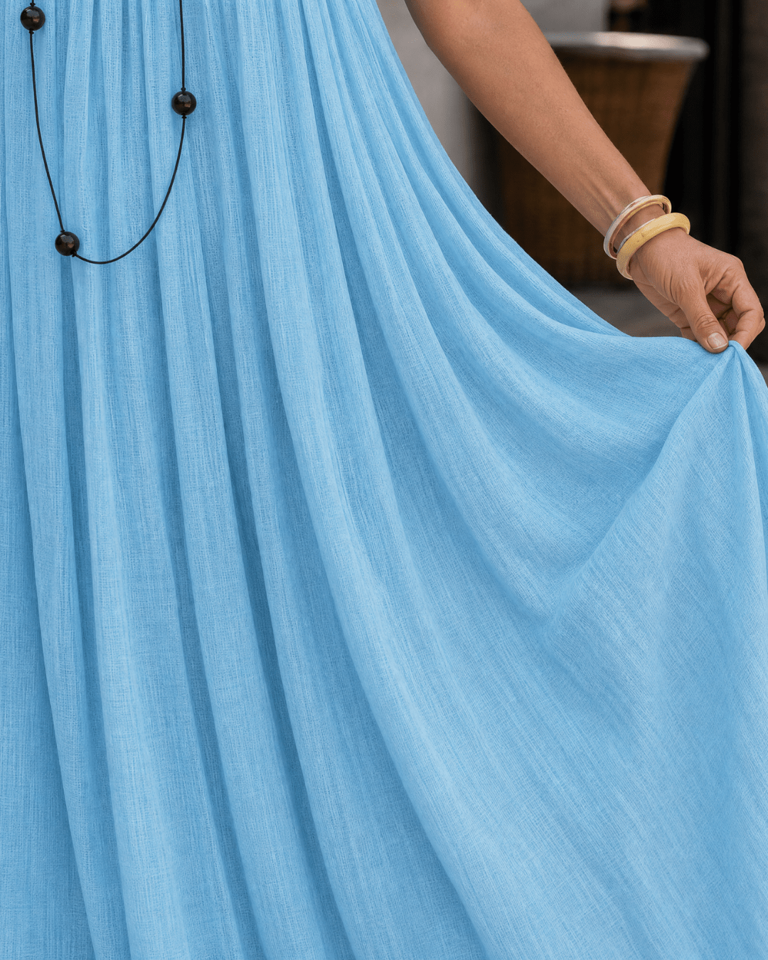 Women's Lightweight Sleeveless Midi Dress with Pleated Neckline
