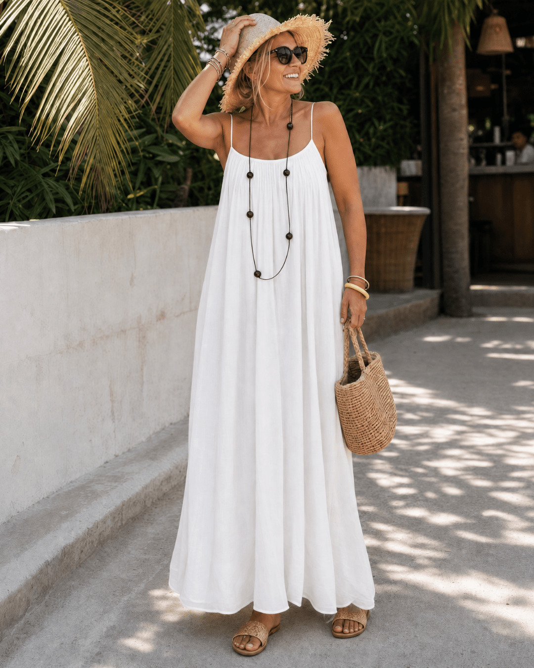 Women's Lightweight Sleeveless Midi Dress with Pleated Neckline