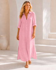 Women's Lightweight V-Neck Midi Dress with Rolled Up Sleeves