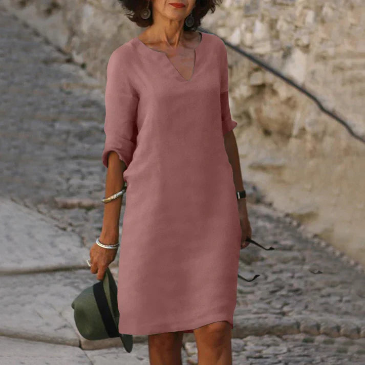 Women's Linen V-Neck Midi Summer Dress
