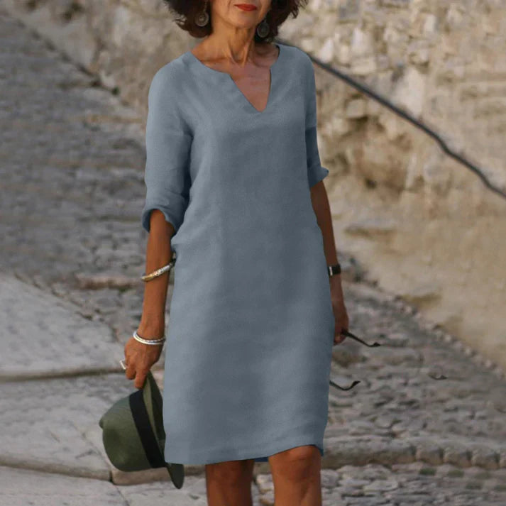 Women's Linen V-Neck Midi Summer Dress