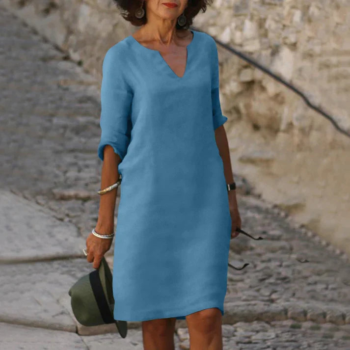 Women's Linen V-Neck Midi Summer Dress