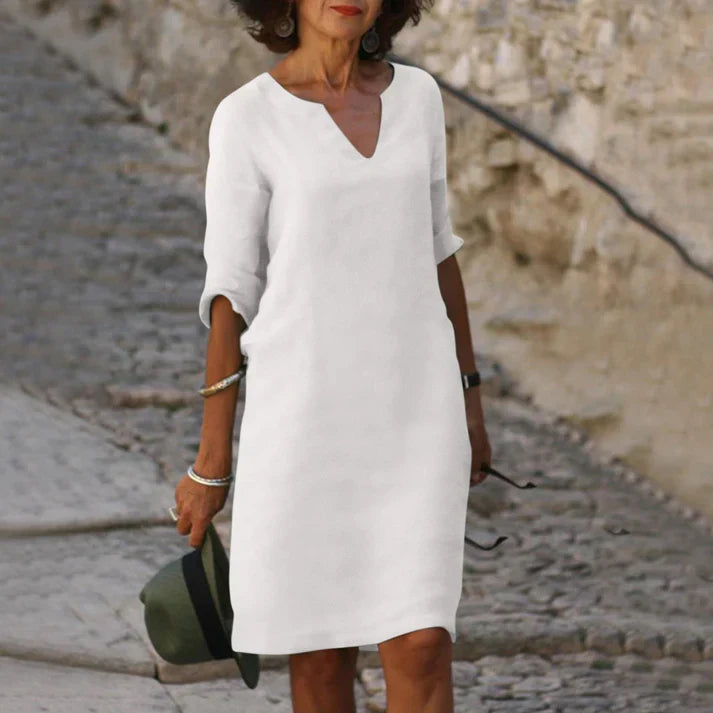 Women's Linen V-Neck Midi Summer Dress