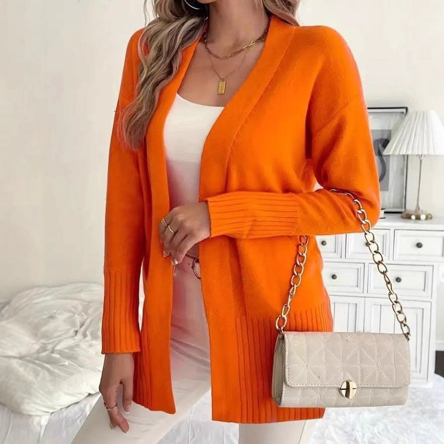 Women's Long Knit Cardigan with Ribbed Details and Relaxed Fit