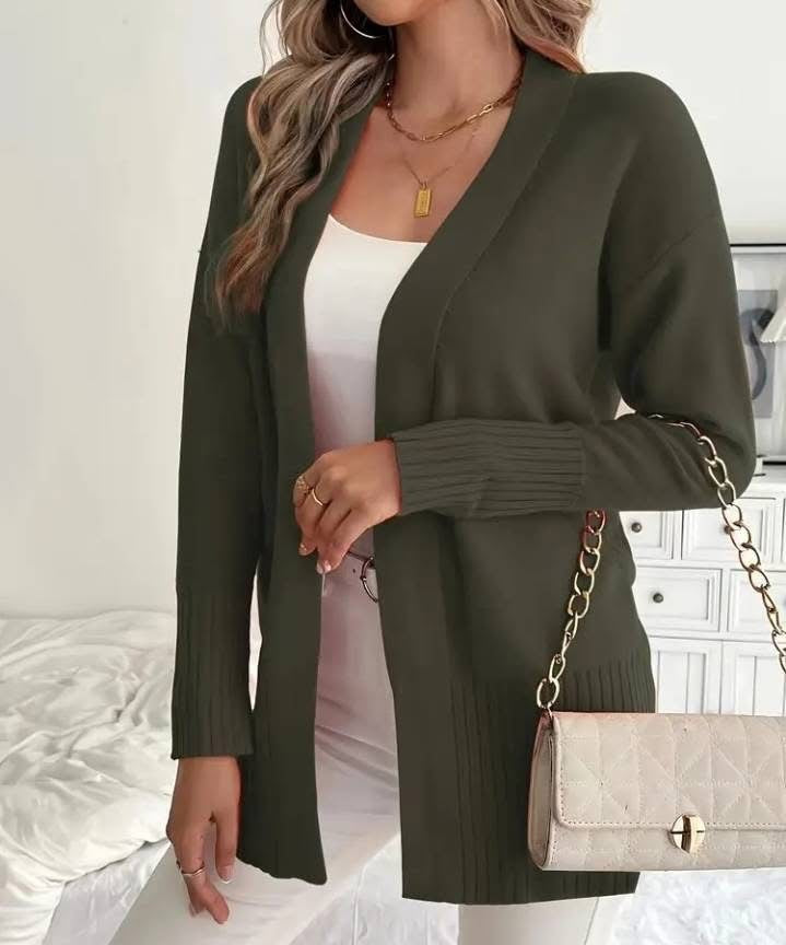Women's Long Knit Cardigan with Ribbed Details and Relaxed Fit
