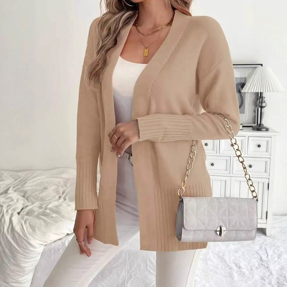 Women's Long Knit Cardigan with Ribbed Details and Relaxed Fit