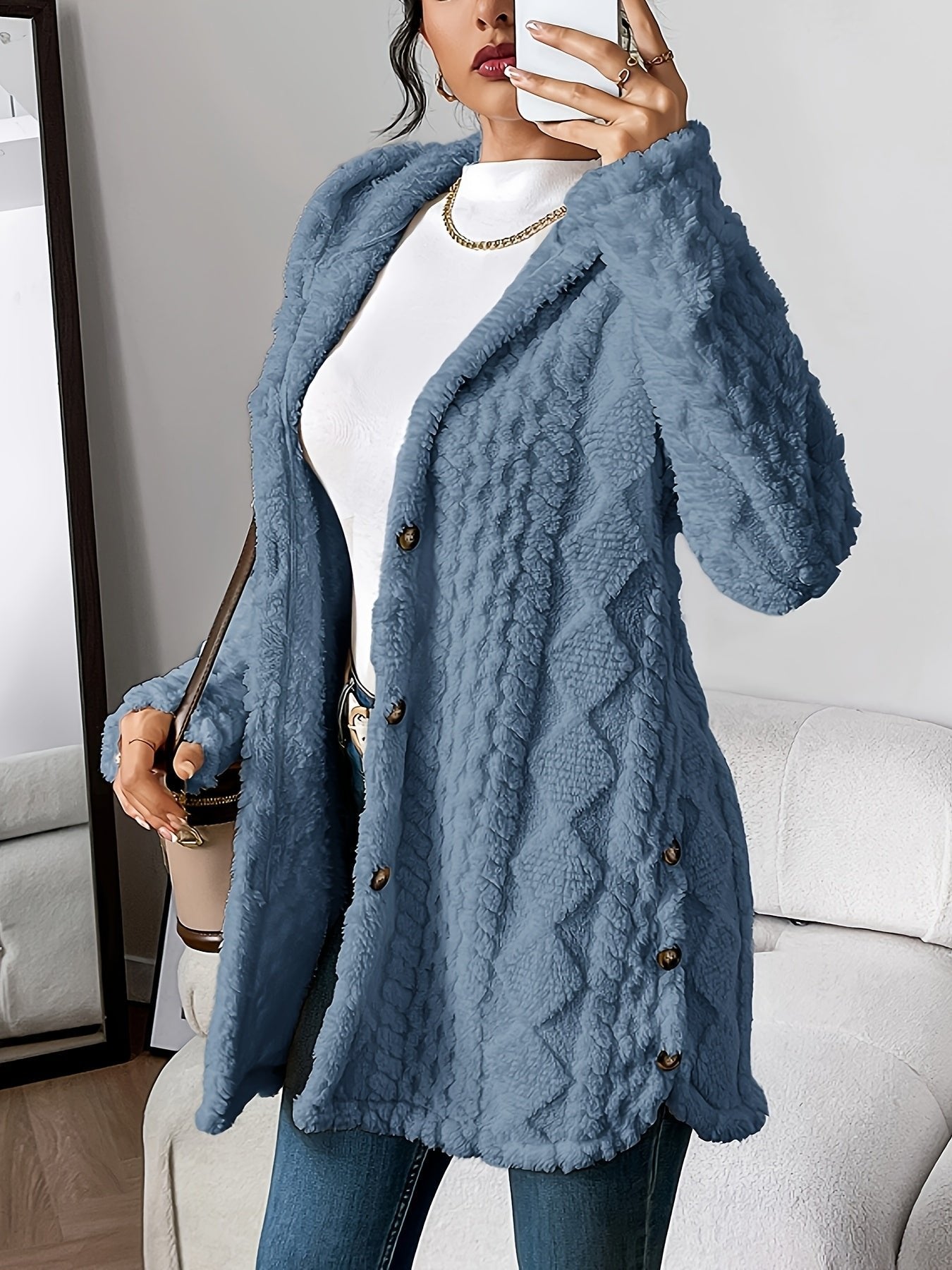 Women's Long Plush Hooded Cardigan Sweater with Oversized Fit