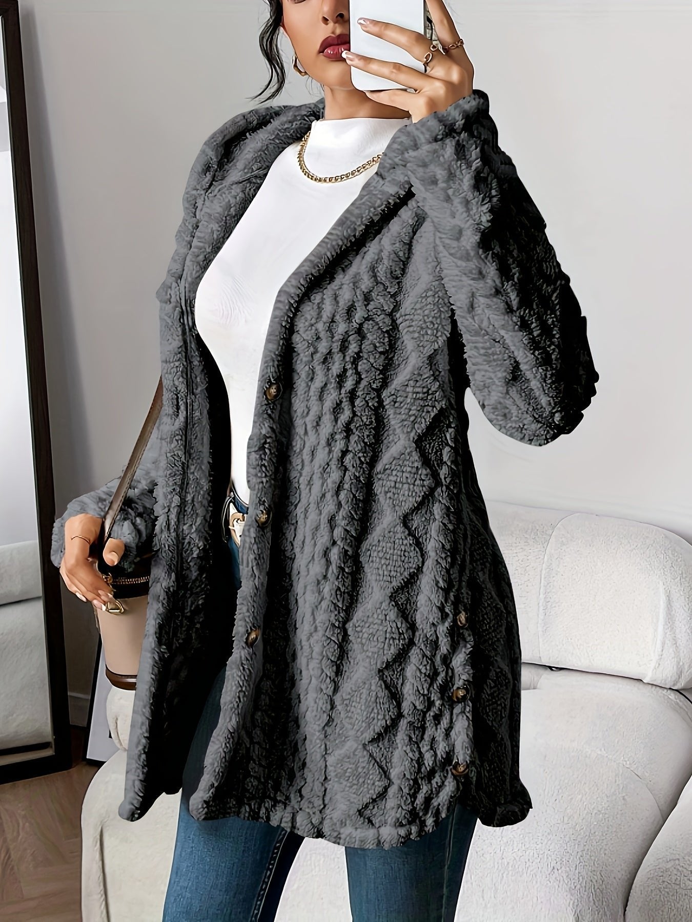 Women's Long Plush Hooded Cardigan Sweater with Oversized Fit