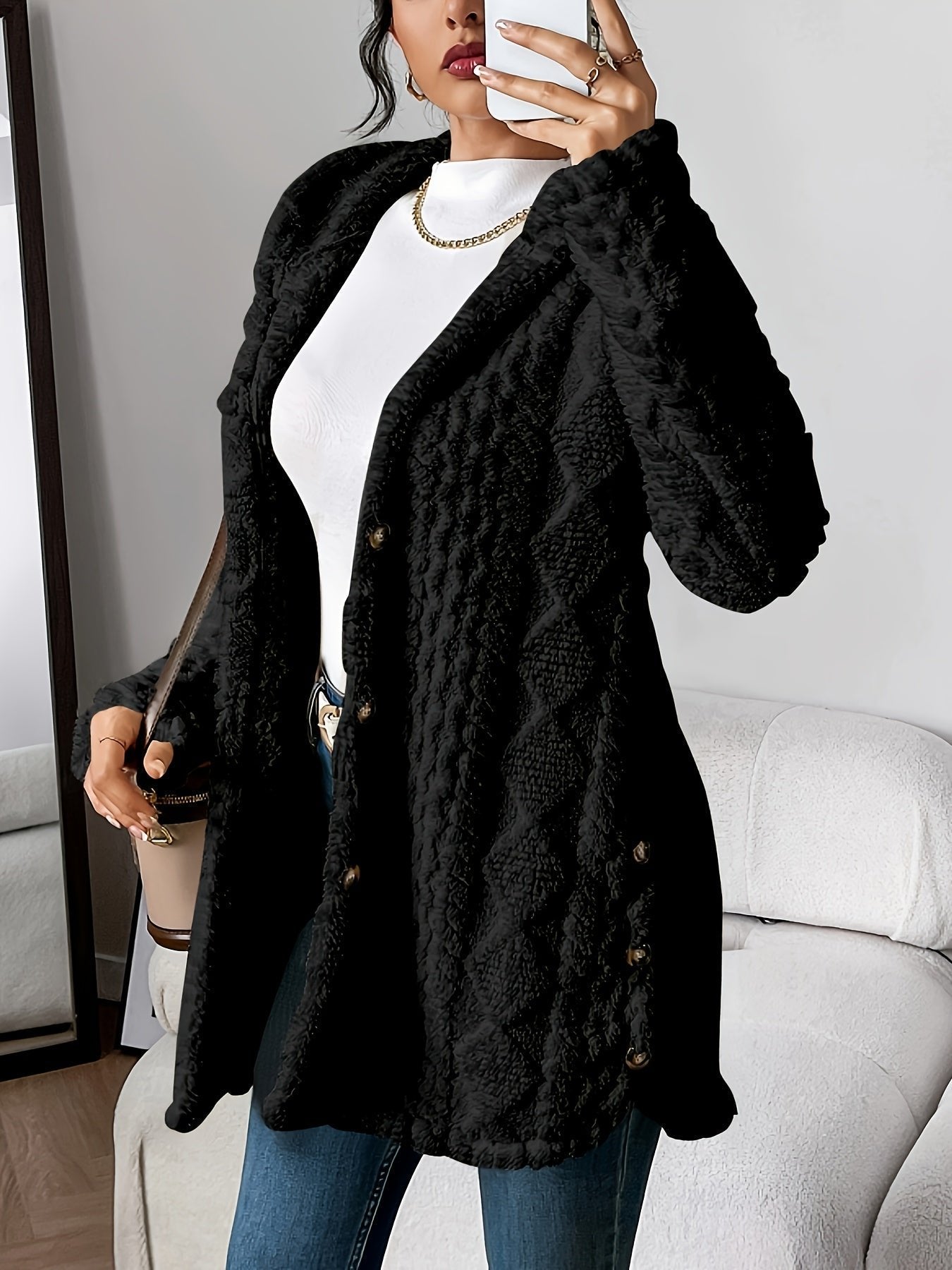 Women's Long Plush Hooded Cardigan Sweater with Oversized Fit
