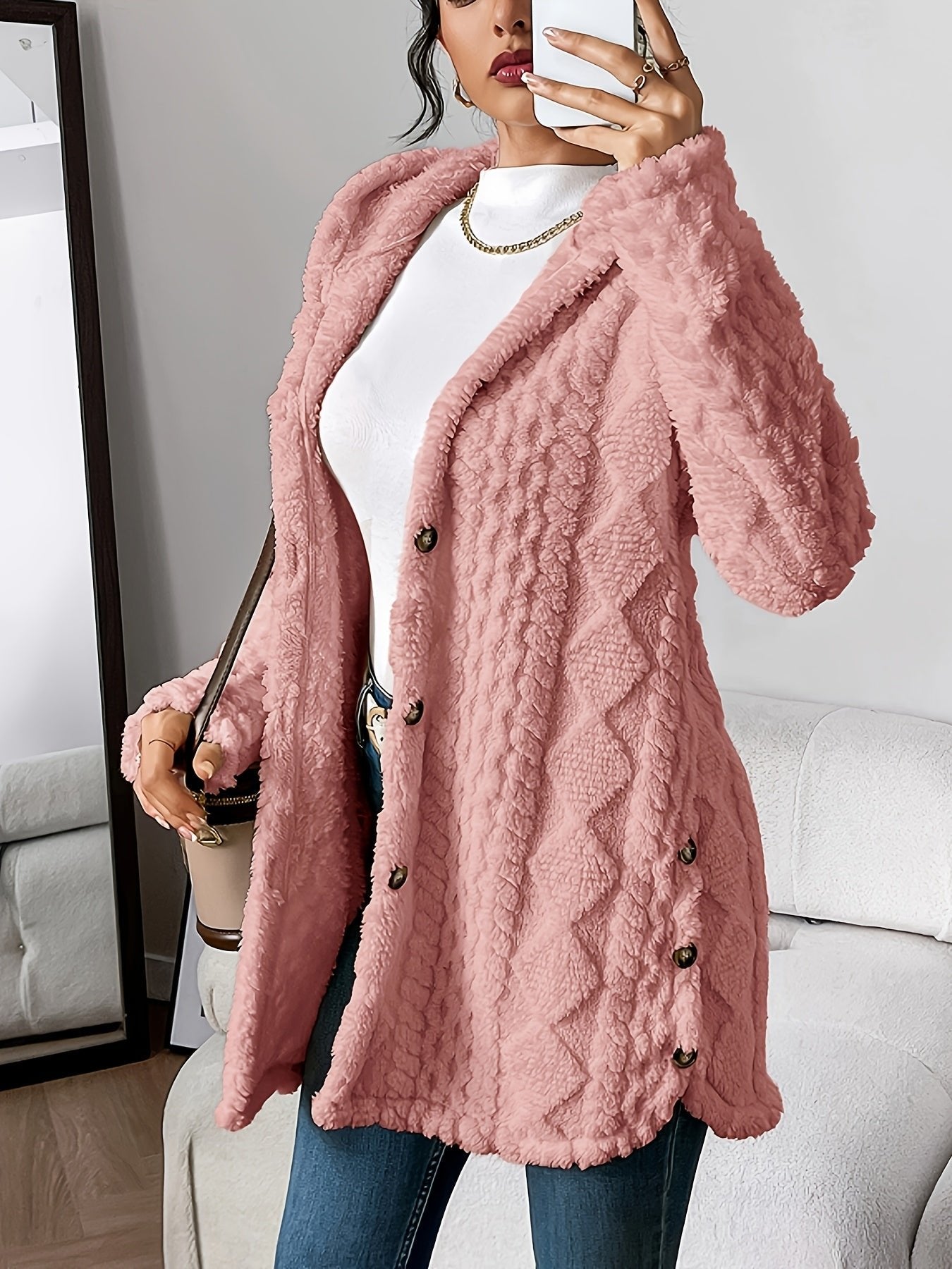 Women's Long Plush Hooded Cardigan Sweater with Oversized Fit