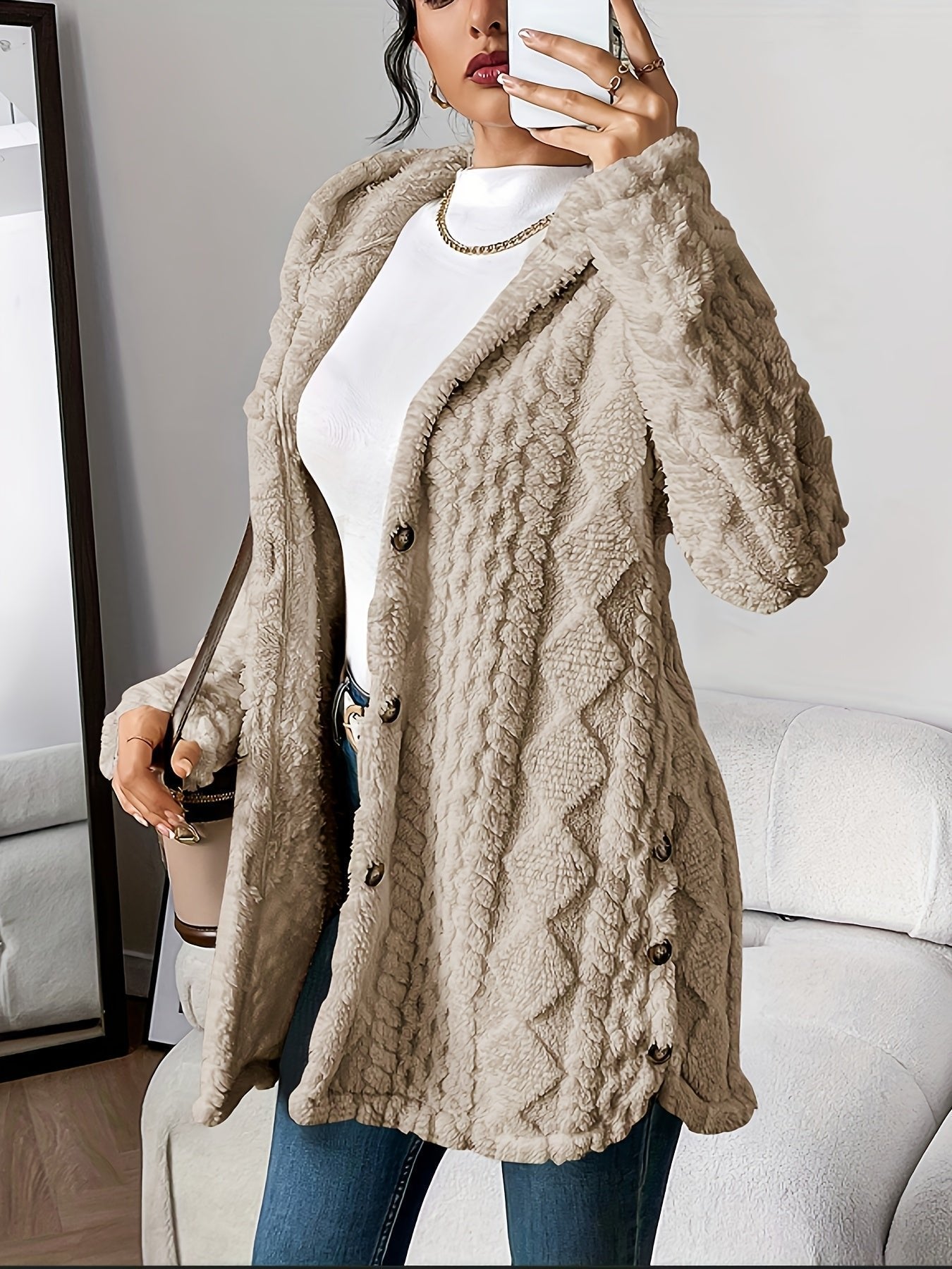 Women's Long Plush Hooded Cardigan Sweater with Oversized Fit