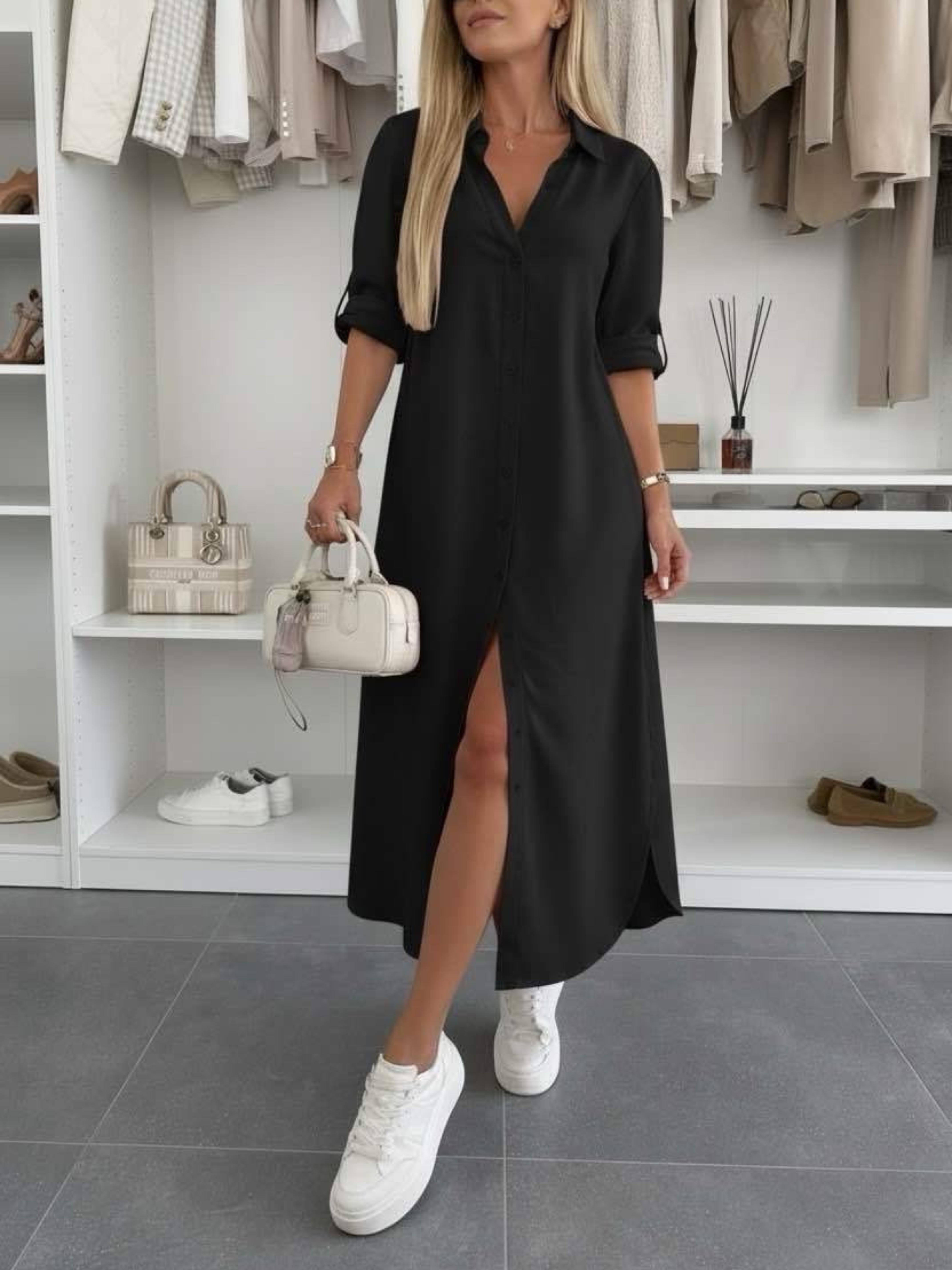 Women's Loose Fit Shirt Dress with Rolled Sleeves